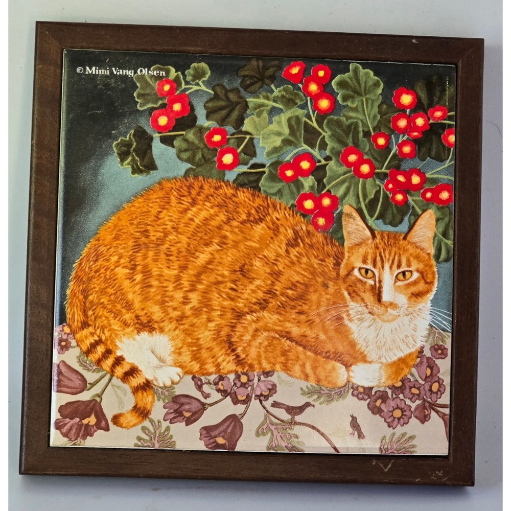 Vintage Mimi Vang Olsen Orange Tabby Cat Ceramic Tile Trivet Hot Pad Wood Frame